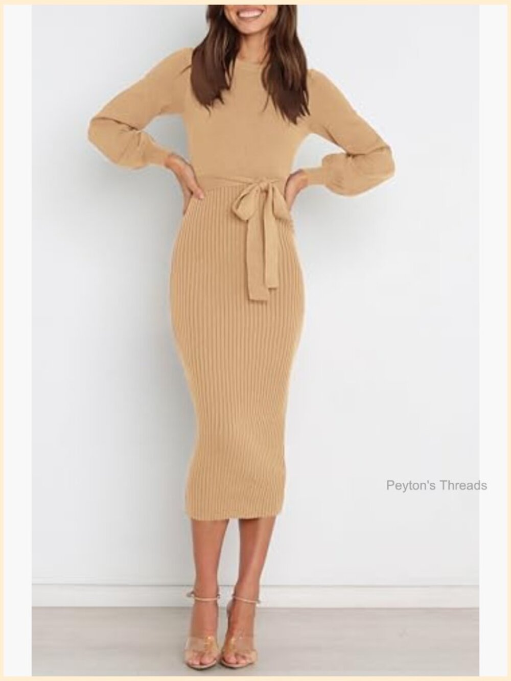 Womens Ribbed Knit Bodycon Midi Sweater Dress Puff Long Sleeve Work - Picture 2 of 7